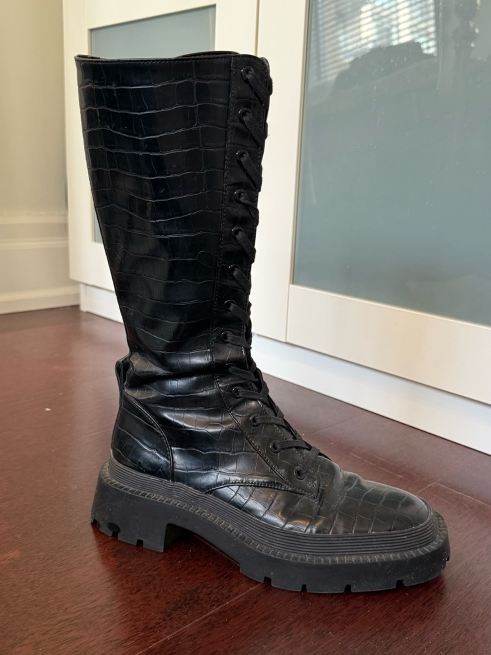 Zara Black Croc-Embossed Lace-Up Knee Boot